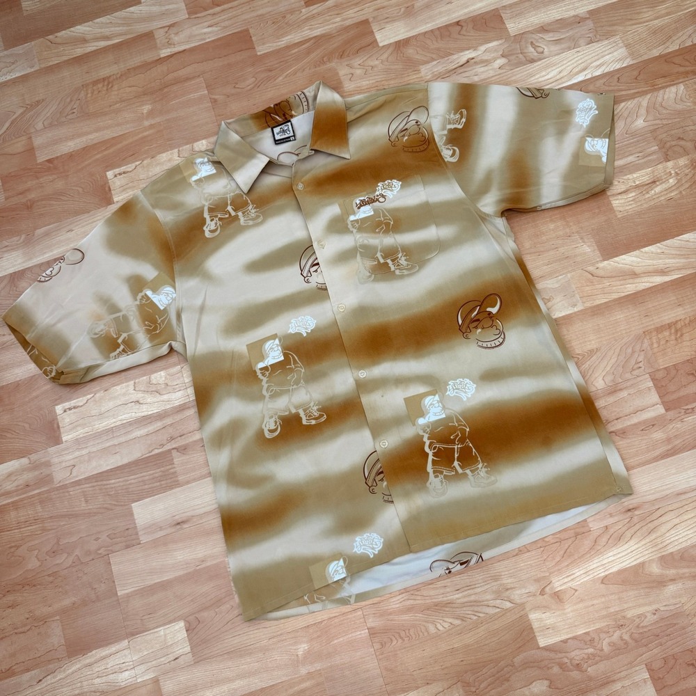 Southpole Mens Vintage Y2K Graffiti Character Ombre Button Down Shirt Brown L